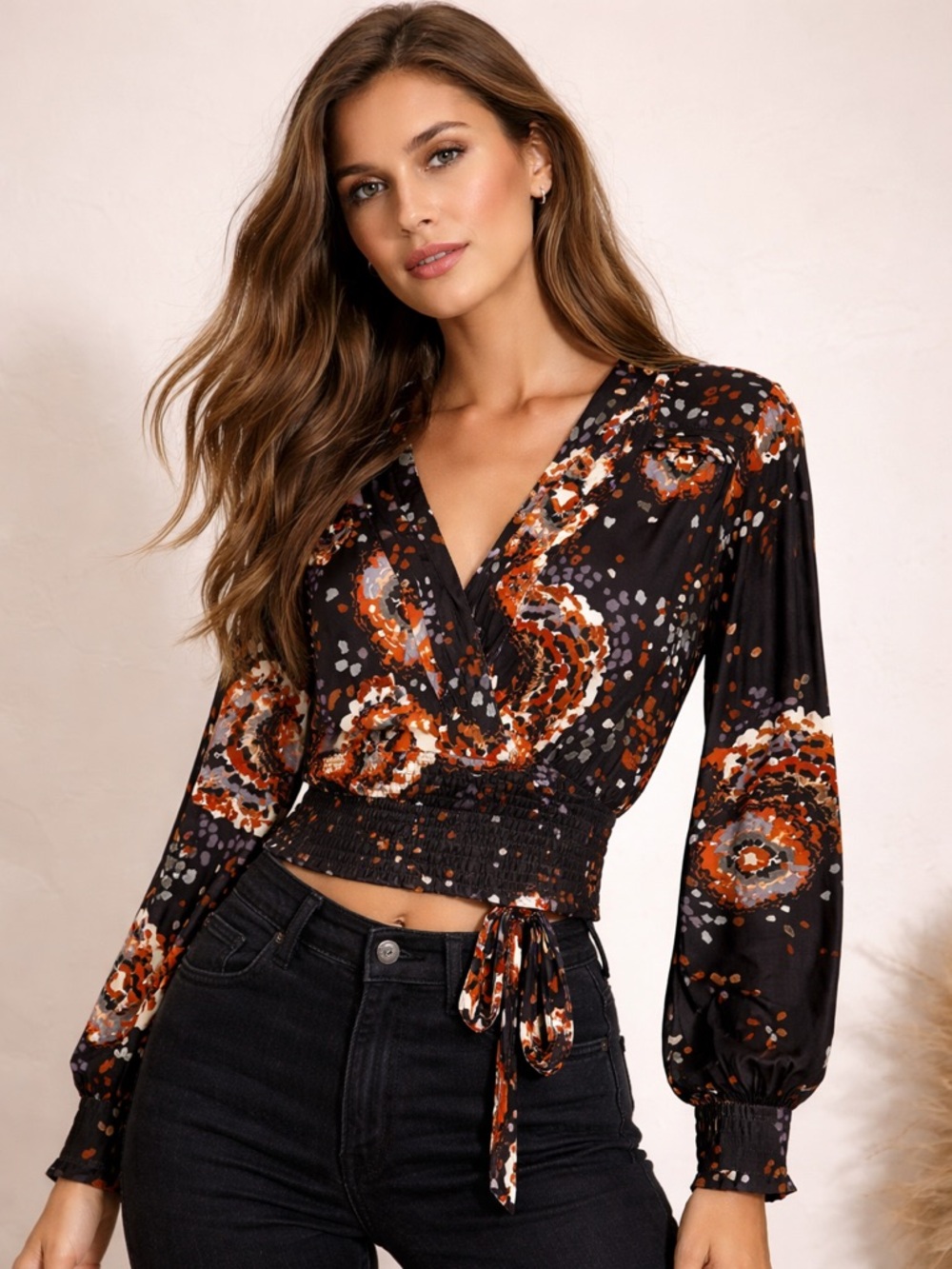 By Anthropologie Tie‎ Front Black Rust Floral Blouse